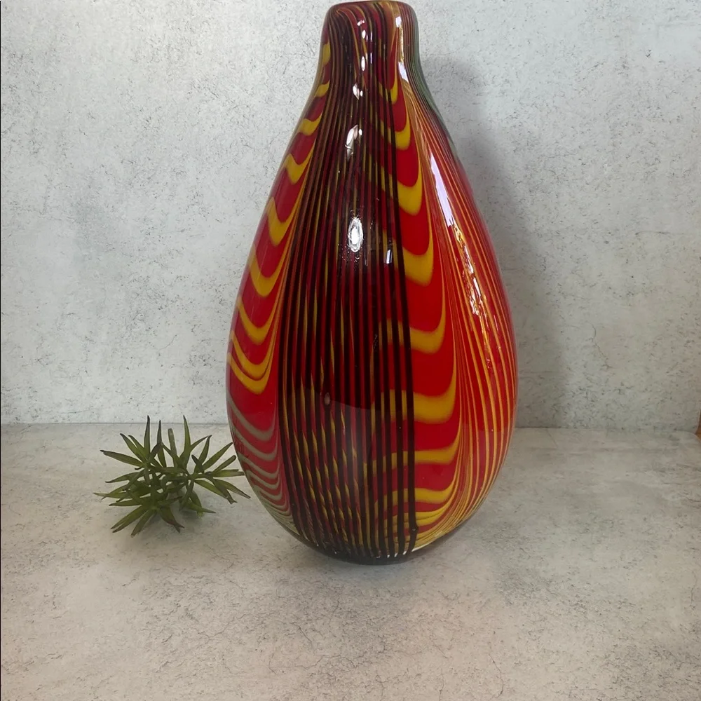 Large Art Glass Vase Red Yellow Swirl Murano Style 13” Statement Decor Heavy